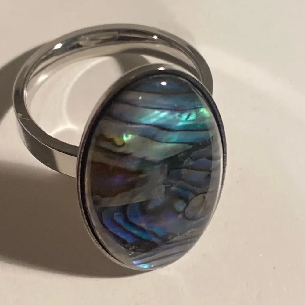 NEW Oversized Abalone Statement Ring Silver Boho Iridescent Shell Jewelry GIFT 8